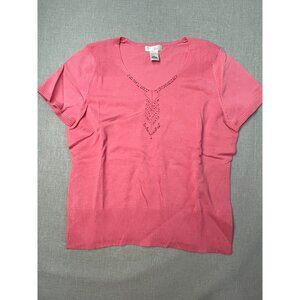Kim Rogers Signature Women’s Pink Knit Blouse Short Sleeve V-Neck Size Large